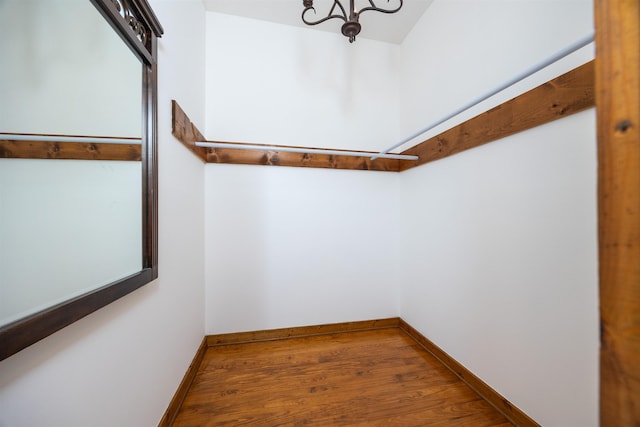 walk in closet featuring dark hardwood / wood-style floors and a notable chandelier