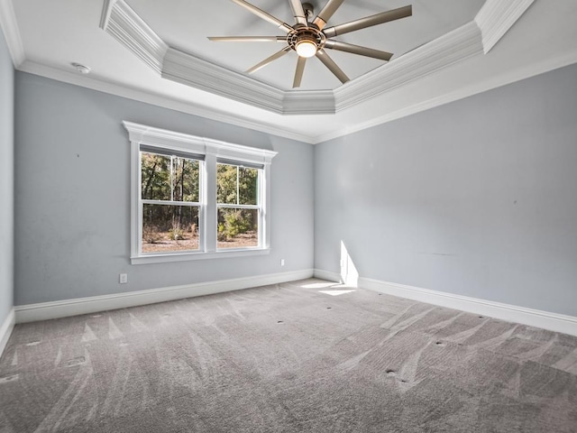 spare room with ceiling fan, ornamental molding, carpet flooring, and a raised ceiling