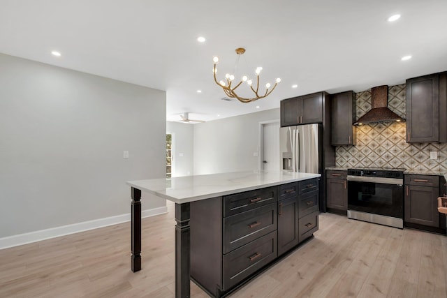 kitchen with stainless steel refrigerator with ice dispenser, a kitchen breakfast bar, electric range oven, wall chimney exhaust hood, and a center island