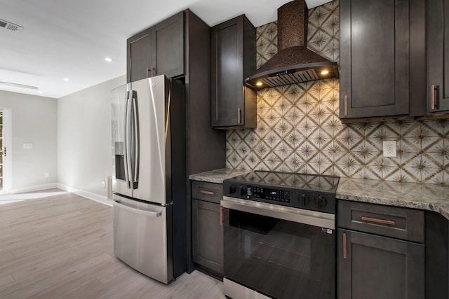 kitchen featuring premium range hood, decorative backsplash, appliances with stainless steel finishes, dark brown cabinets, and light stone counters