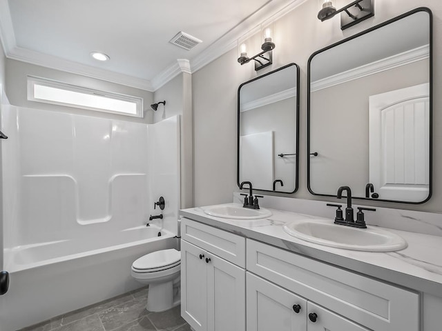 full bathroom featuring vanity, ornamental molding,  shower combination, and toilet