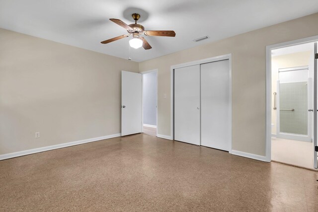 unfurnished bedroom with a closet and ceiling fan