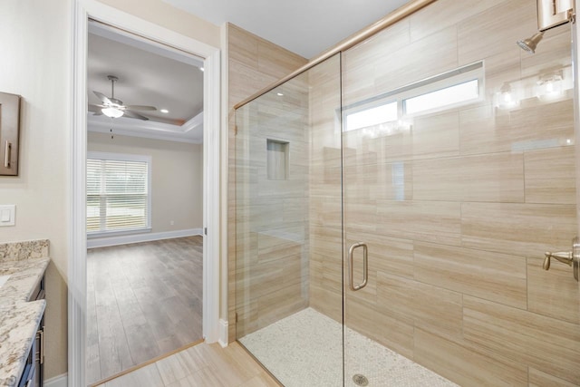 bathroom with hardwood / wood-style floors, vanity, ceiling fan, a tray ceiling, and walk in shower