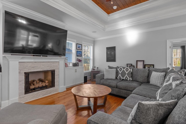 living room featuring hardwood / wood-style floors, a tray ceiling, a fireplace, and ornamental molding