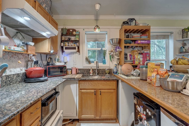 624 W 7th Ave Unit 1And 2, Tallahassee, FL 32303 - kitchen with open shelves, ventilation hood, crown molding, stone counters, and hanging light fixtures