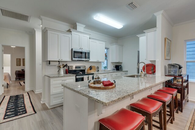 624 W 7th Ave Unit 1And 2, Tallahassee, FL 32303 - kitchen featuring appliances with stainless steel finishes, crown molding, light wood finished floors, a peninsula, and a breakfast bar area