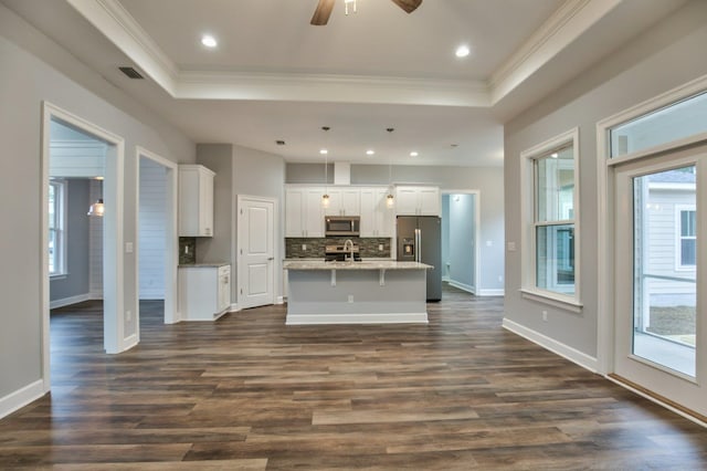 kitchen featuring a kitchen island with sink, a raised ceiling, appliances with stainless steel finishes, dark hardwood / wood-style flooring, and white cabinetry