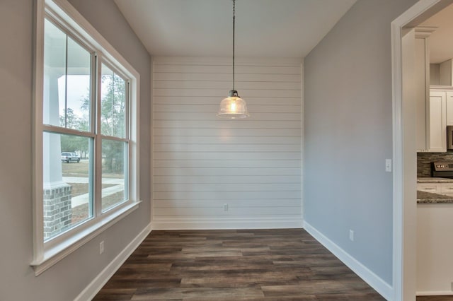 unfurnished dining area featuring wood walls and dark hardwood / wood-style flooring