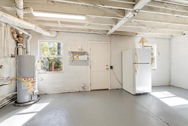 basement featuring gas water heater and freestanding refrigerator