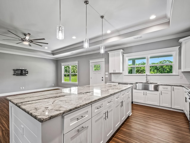 kitchen featuring white cabinets, dark hardwood / wood-style flooring, sink, and a kitchen island