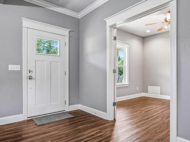 foyer entrance with a wealth of natural light, dark hardwood / wood-style floors, crown molding, and ceiling fan