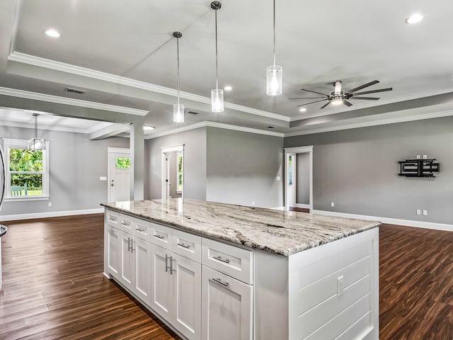 kitchen with ornamental molding, pendant lighting, dark hardwood / wood-style floors, and white cabinets