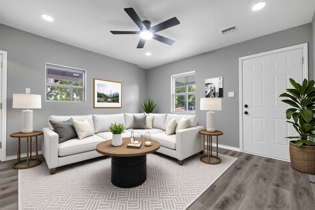 1722 Eisenhower St, Tallahassee, FL 32310 - living area with baseboards, wood finished floors, a ceiling fan, and recessed lighting