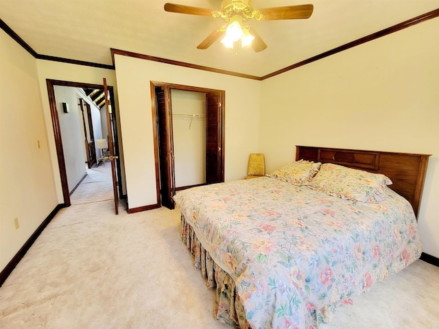 2917 Glover Carlton Rd, Perry, FL 32348 - bedroom with a closet, light colored carpet, baseboards, ceiling fan, and crown molding
