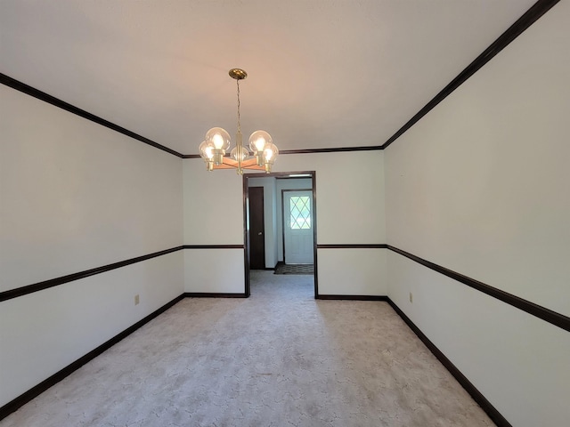 2917 Glover Carlton Rd, Perry, FL 32348 - spare room featuring a chandelier, baseboards, crown molding, and light carpet