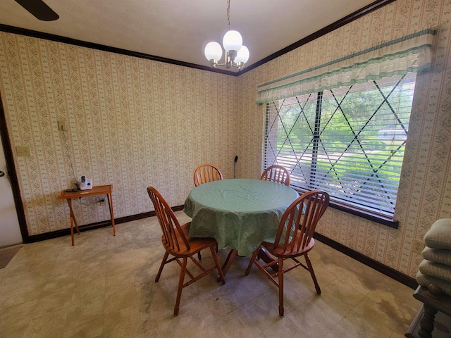 2917 Glover Carlton Rd, Perry, FL 32348 - dining area featuring crown molding, tile patterned floors, baseboards, a chandelier, and wallpapered walls