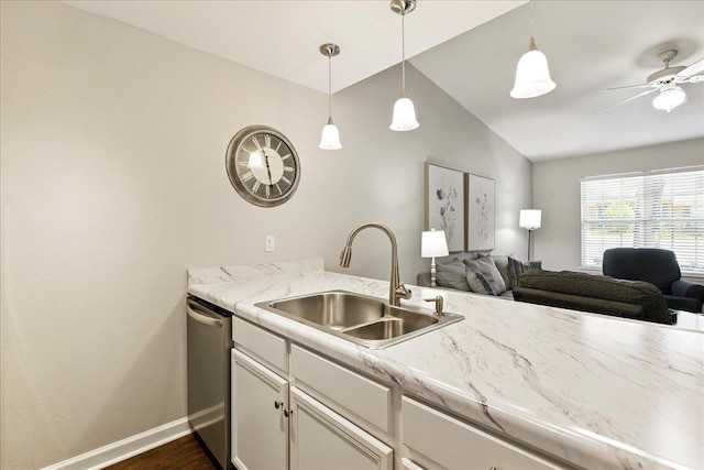 2738 W Tharpe St Unit 2302, Tallahassee, FL 32303 - kitchen featuring vaulted ceiling, stainless steel dishwasher, ceiling fan, white cabinets, and light countertops