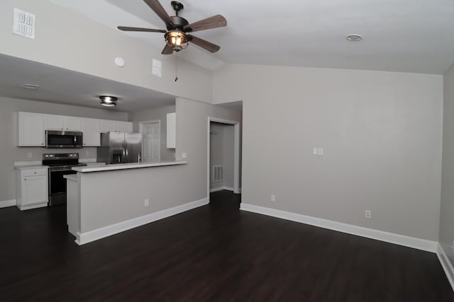 1944 Pasco St, Tallahassee, FL 32310 - kitchen with stainless steel appliances, a ceiling fan, lofted ceiling, baseboards, and dark wood-style flooring
