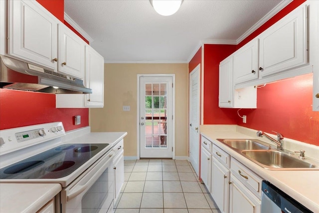 kitchen with a sink, under cabinet range hood, electric range, white cabinetry, and stainless steel dishwasher