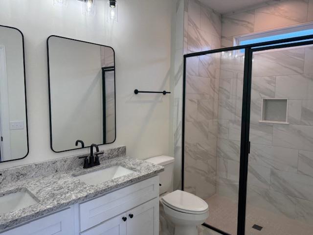 bathroom with vanity, toilet, and a shower with shower door