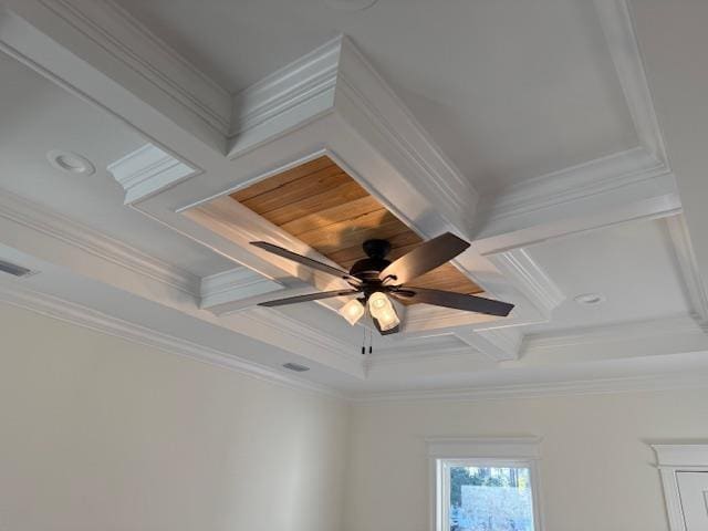 interior details featuring beam ceiling, ceiling fan, coffered ceiling, and ornamental molding