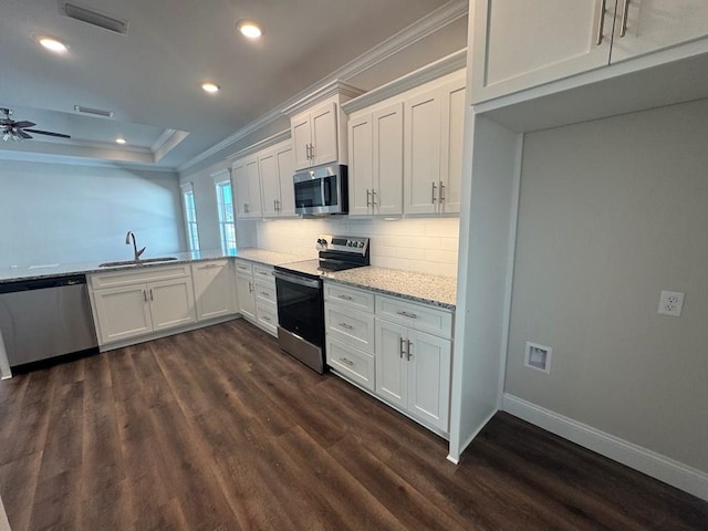 kitchen with white cabinetry, sink, dark hardwood / wood-style floors, decorative backsplash, and appliances with stainless steel finishes