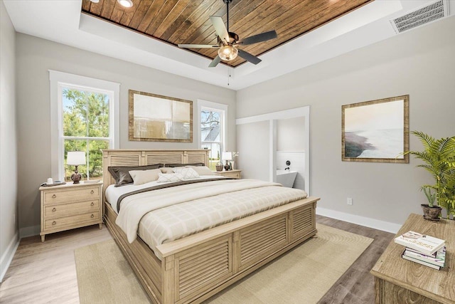 5410 Peace Dove Trl, Tallahassee, FL 32311 - bedroom featuring a tray ceiling, baseboards, light wood-style floors, wooden ceiling, and ceiling fan