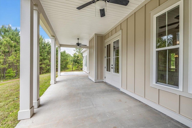 view of patio featuring french doors and ceiling fan