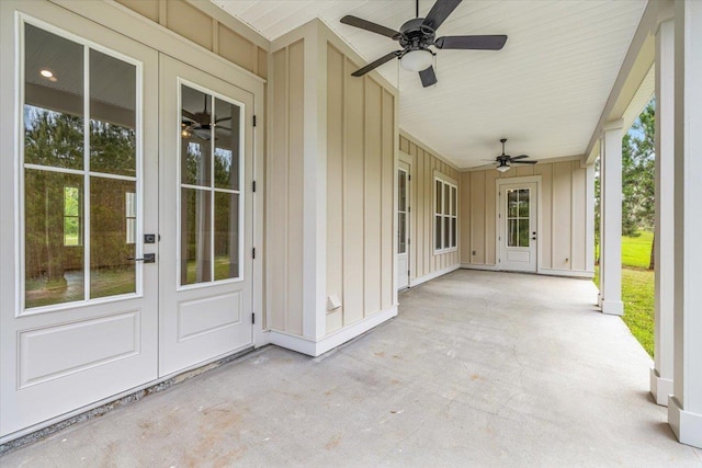 view of patio with ceiling fan and french doors