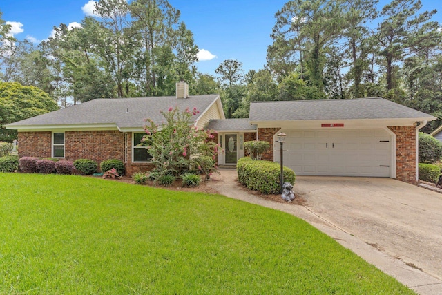 single story home with a garage and a front lawn