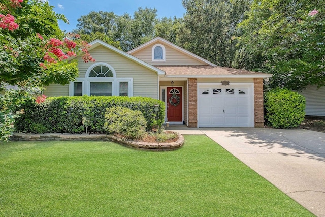 5529 Green Meadows Ct, Tallahassee, FL 32303 - view of front of house with concrete driveway, brick siding, a garage, a front lawn, and a shingled roof