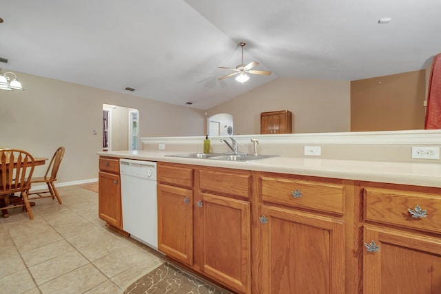 5529 Green Meadows Ct, Tallahassee, FL 32303 - kitchen featuring white dishwasher, ceiling fan, light countertops, lofted ceiling, and light tile patterned floors