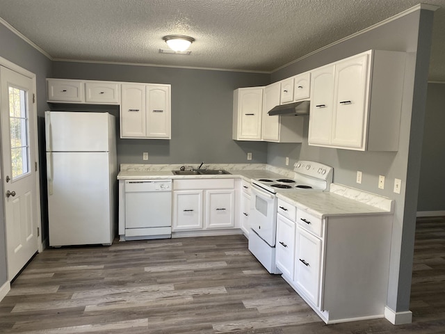 kitchen with hardwood / wood-style flooring, sink, white cabinets, and white appliances