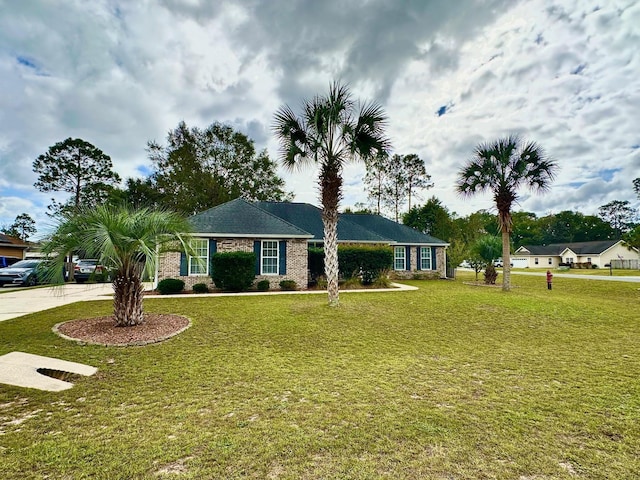 ranch-style home featuring a front yard and concrete driveway