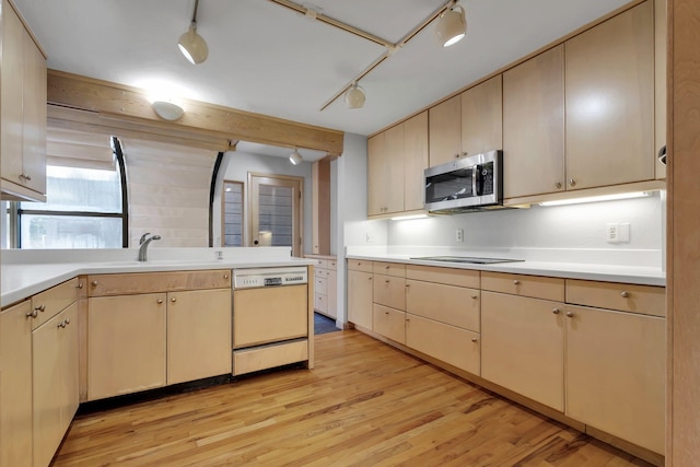 kitchen with dishwasher, decorative backsplash, electric stovetop, sink, and light hardwood / wood-style flooring