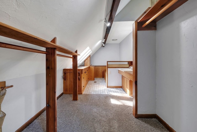 additional living space featuring vaulted ceiling with skylight, light colored carpet, and a textured ceiling