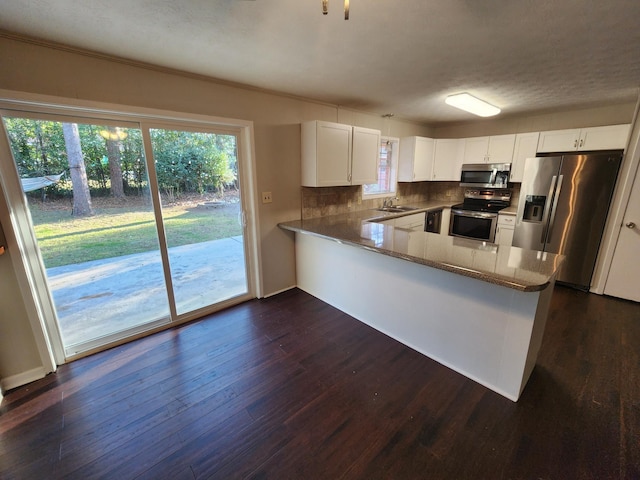 kitchen featuring a peninsula, dark wood-type flooring, a sink, appliances with stainless steel finishes, and backsplash