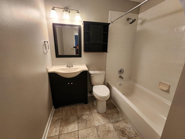 bathroom featuring toilet, washtub / shower combination, baseboards, and vanity