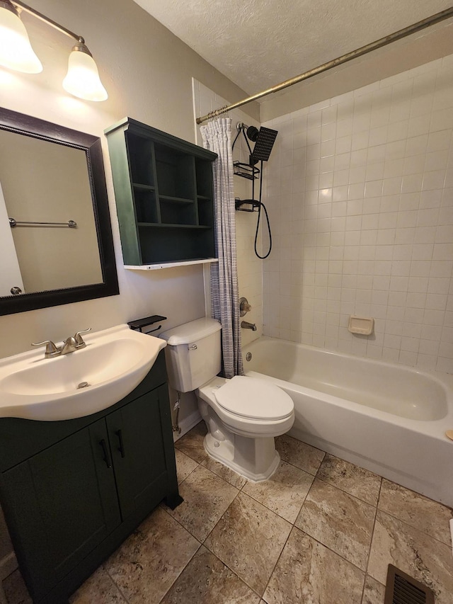 full bathroom with visible vents, toilet, shower / bath combo, a textured ceiling, and vanity