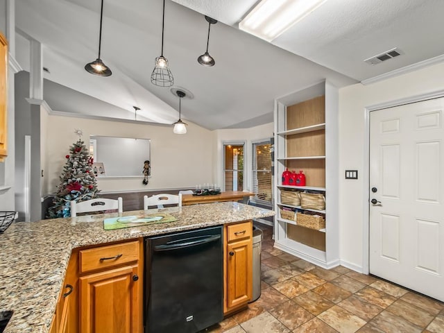 kitchen featuring vaulted ceiling, light stone countertops, black dishwasher, and pendant lighting