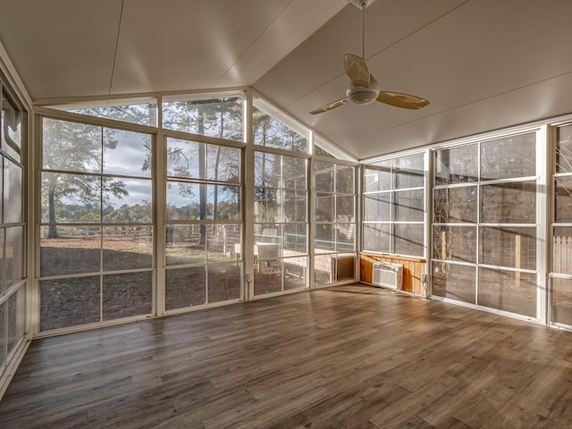 unfurnished sunroom with lofted ceiling and ceiling fan