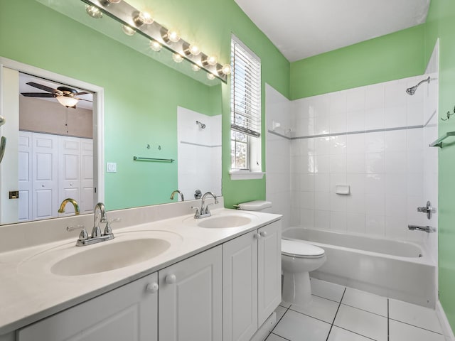 2123 Fernleigh Dr, Tallahassee, FL 32311 - bathroom with tile patterned floors, toilet, shower / bath combination, double vanity, and a ceiling fan