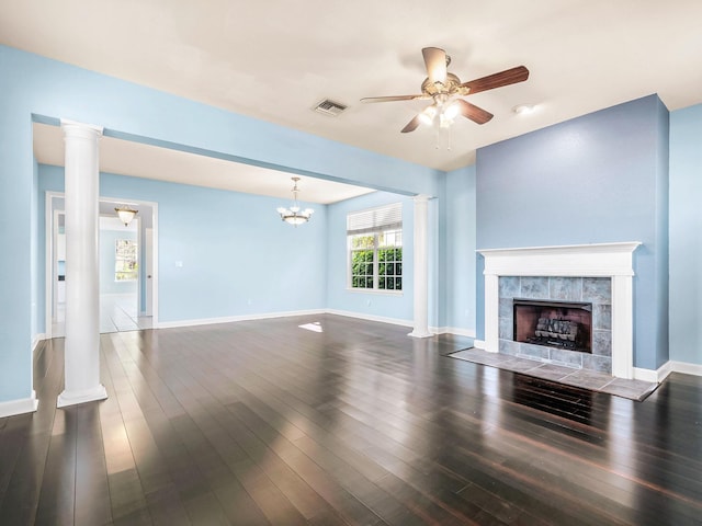 2123 Fernleigh Dr, Tallahassee, FL 32311 - unfurnished living room with a fireplace, ceiling fan, dark wood-type flooring, and baseboards