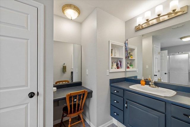 bathroom featuring vanity and walk in shower