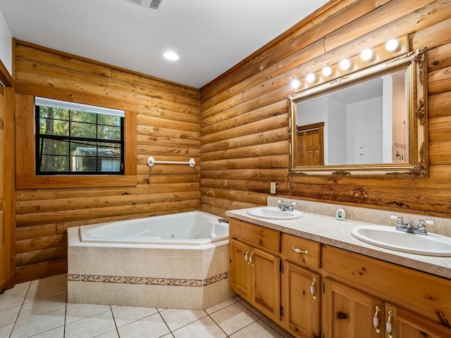 bathroom with vanity, log walls, tile patterned floors, and tiled tub