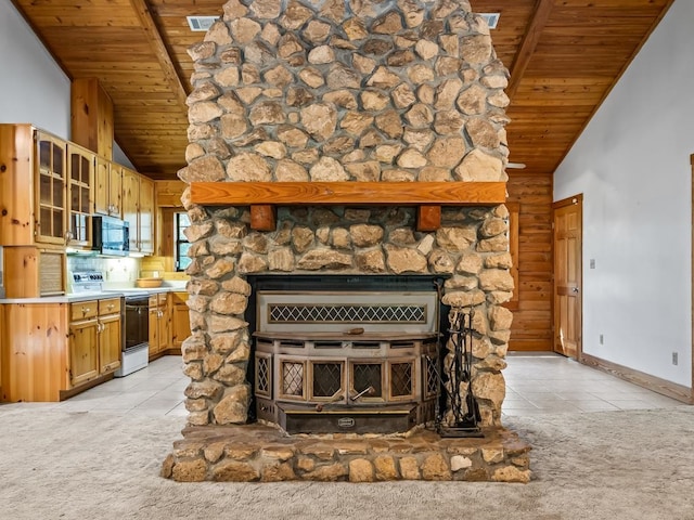 interior details with tile patterned floors, a fireplace, electric stove, decorative backsplash, and wooden ceiling