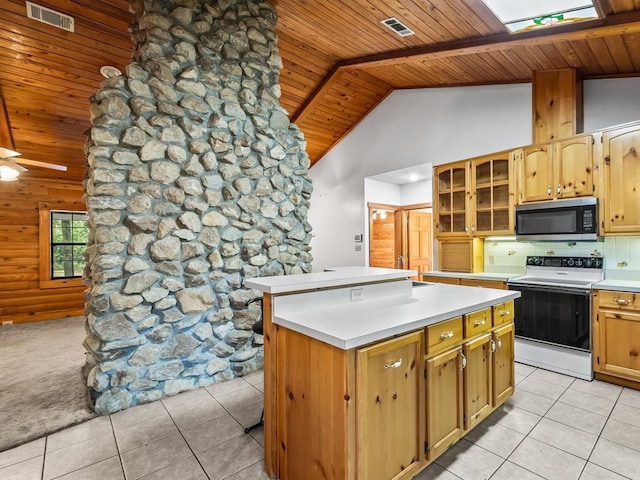 kitchen featuring white range with electric stovetop, a kitchen island, high vaulted ceiling, a skylight, and wooden ceiling