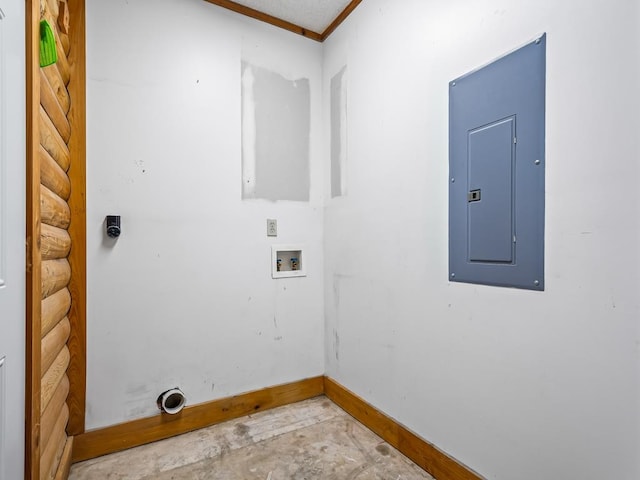 washroom with electric panel, electric dryer hookup, and hookup for a washing machine