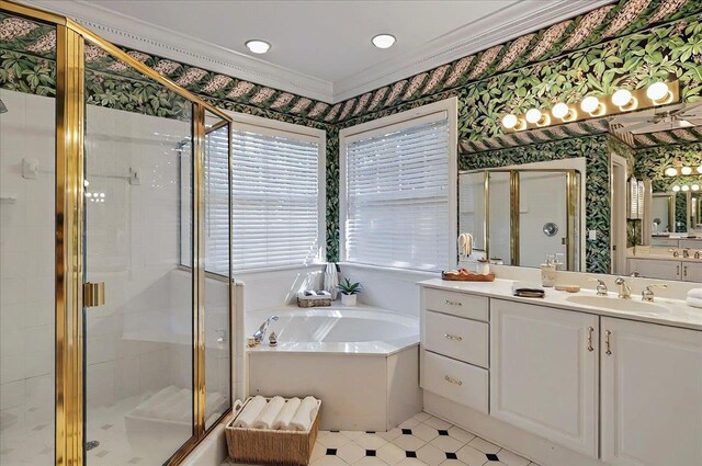 bathroom with vanity, ornamental molding, wallpapered walls, a bath, and a shower stall