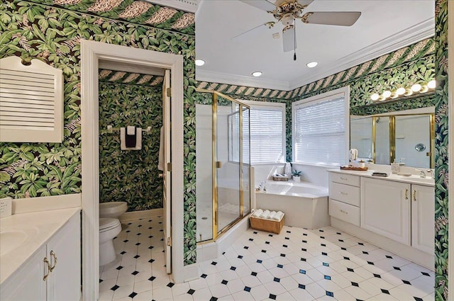 bathroom with crown molding, wallpapered walls, a shower stall, and a garden tub